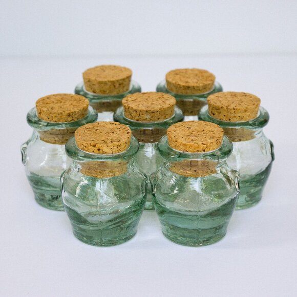Green Glass Spice Jars Set, recycled glass with cork lid mini jars